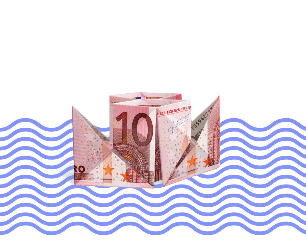 纸船10欧元纸币，3D插图，波浪背景图片下载