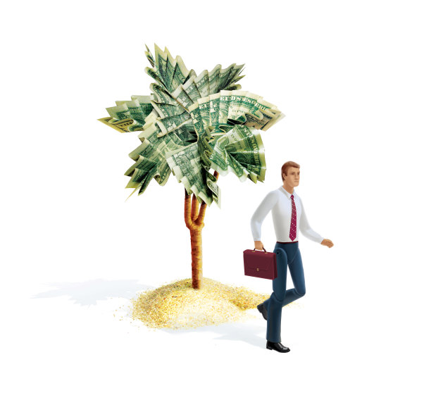 一个拿着公文包的人离开了天堂岛。一棵长着美钞叶子的棕榈树。三维演示图片下载