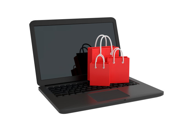 手提电脑上的购物袋，白色背景上孤立图片下载