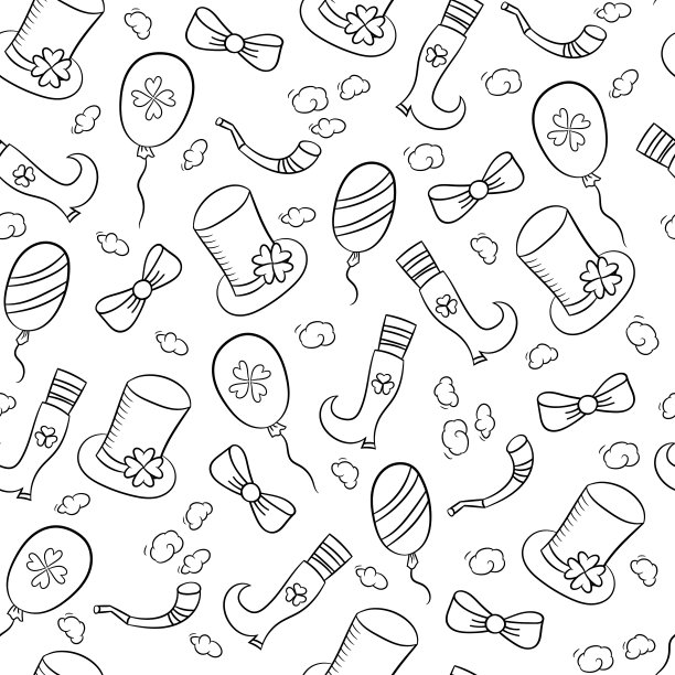 无缝模式与传统的圣帕特里克节符号。一个小妖精的帽子和靴子。向量图片下载