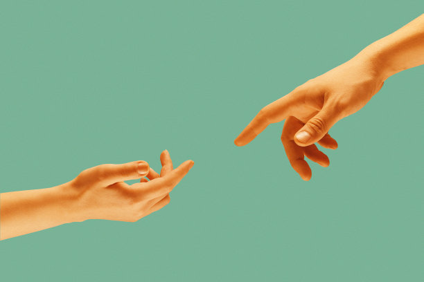 触摸的双手孤立在浅绿色的背景。现代艺术拼贴。图片下载