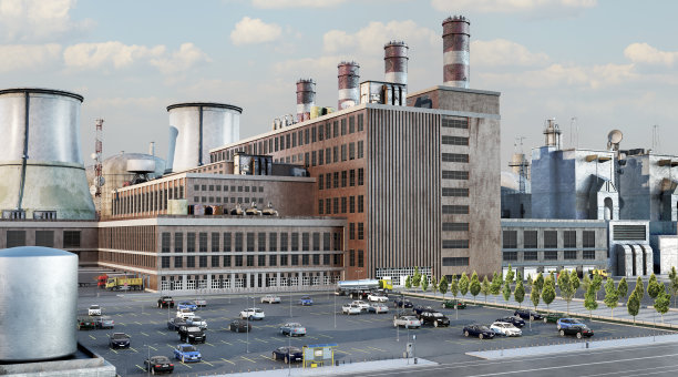 近距离工业视图的工厂与停车场。三维演示图片下载