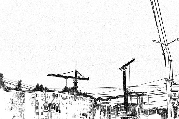 建筑工地上的塔吊黑白插图图片下载
