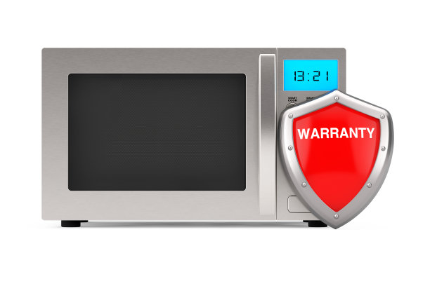 现代银微波炉与红色金属保护保修盾牌。3d渲染图片下载