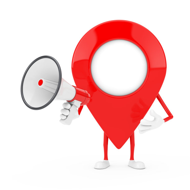 地图指针针字符吉祥物与红色复古扩音器。3d渲染图片下载