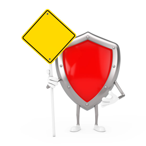 红色金属护盾人物吉祥物和黄色道路标志的自由空间为您的设计。3d渲染图片下载