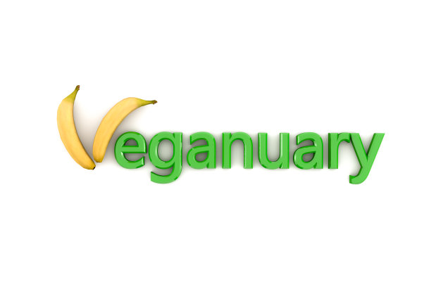 3d渲染的“素食”文本与2个香蕉为“V”字母。图片下载