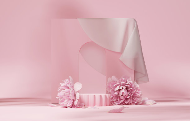 3D显示裙房粉彩花背景。牡丹花盛开，为女子送礼。自然最小基座的美丽，化妆品的展示。情人节，女性复制空间模板3d渲染图片下载