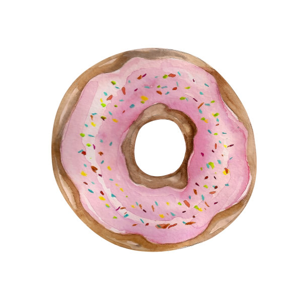 水彩插图。粉色奶油和多色点缀的甜甜圈画。水彩甜的甜点。图片下载