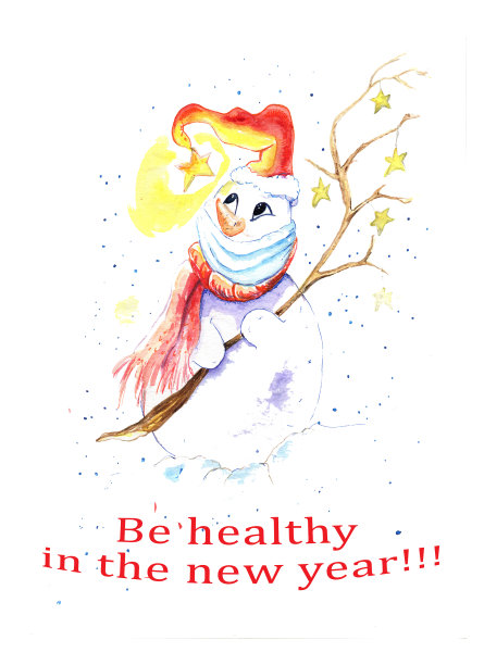 水彩画卡片上有一个雪人，树枝上装饰着星星图片下载