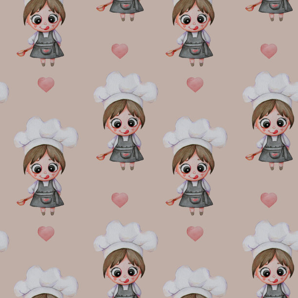 无缝模式。一个小厨师女孩戴着厨师帽，系着围裙，拿着勺子站在那里，舔着她的嘴唇，在浅粉色的背景上有爱心。水彩。可爱的手绘设计，装饰图片下载