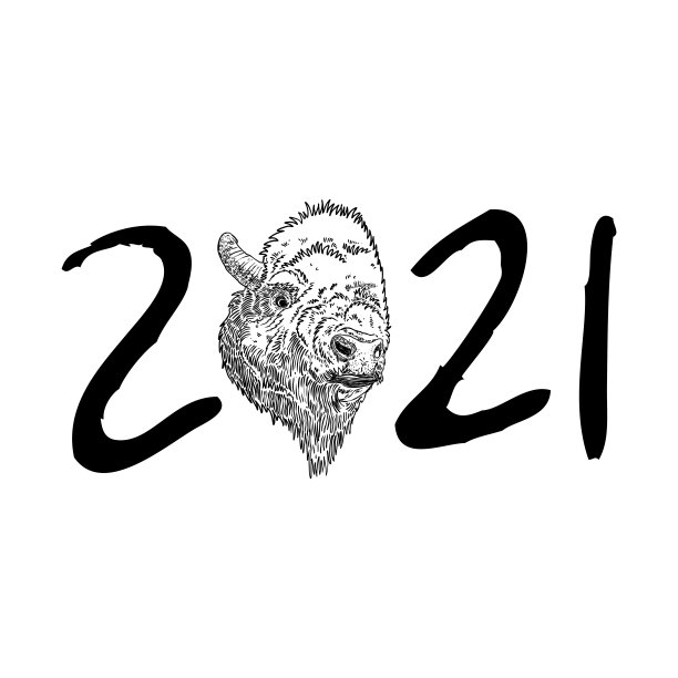 牛年，中国新年2021年。手写数字符号的公牛。卡片上有农历新年符号和星座符号。手绘向量。图片下载