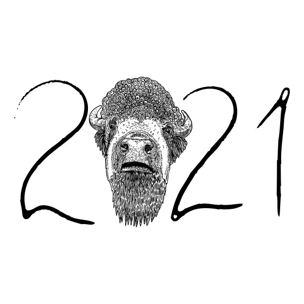 牛年，中国新年2021年。手写数字符号的公牛。卡片上有农历新年符号和星座符号。手绘向量。图片下载