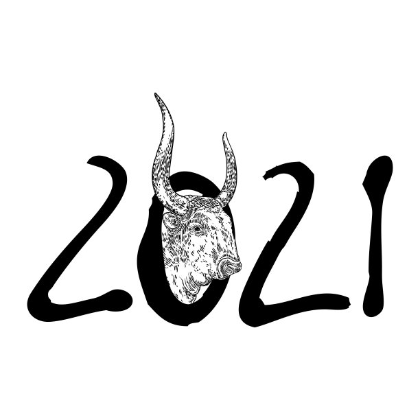 牛年，中国新年2021年。手写数字符号的公牛。卡片上有农历新年符号和星座符号。手绘向量。图片下载