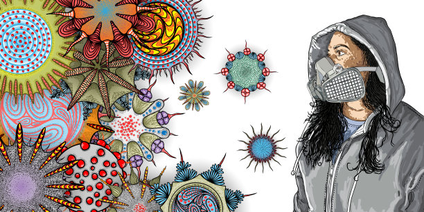 戴防护口罩的妇女和空气中变异冠状病毒的背景。穿戴防病毒、城市空气污染、花粉、气体排放和灰尘的防护用品。向量图片下载