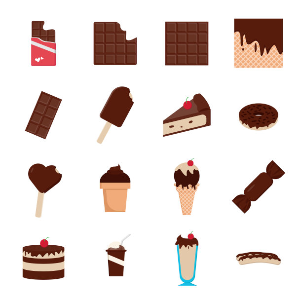 设置巧克力食品和饮料平面设计图标图片下载