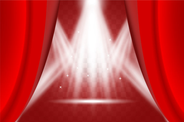 半开的红色窗帘后面的灯光场景图片下载