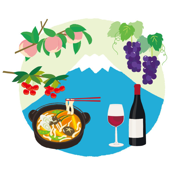 各种水果和面条和山的山梨日本评论是“Yamanashi”的日语。图片下载