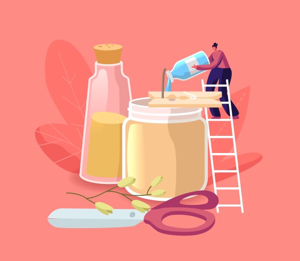 小女性人物站在梯子上，在巨大的玻璃罐中加入香薰液体和蜡烛，芳香疗法和放松图片下载