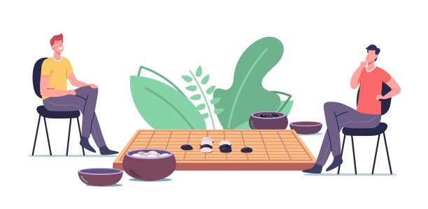 传统的中国五子棋策略游戏。男性角色玩或围棋棋盘与典型的过程和两个碗图片下载