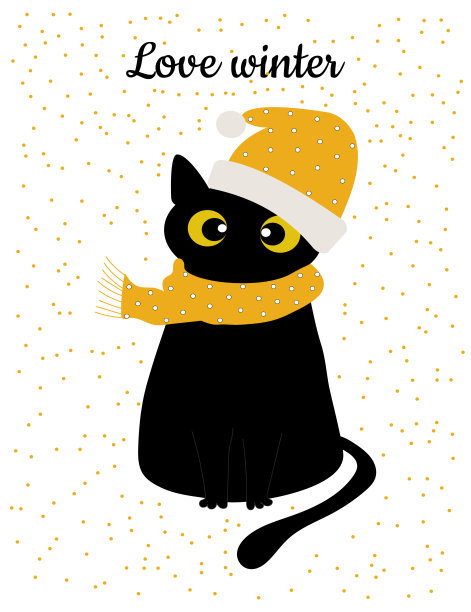黑色滑稽的猫戴着黄色的围巾和帽子新年，圣诞节。用于明信片、邮件、时尚印刷品、纺织品、衣服、杯子、笔记本。卡通风格。矢量插图。图片下载