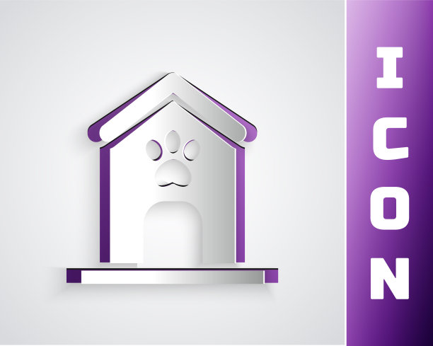 剪纸狗屋和爪印宠物图标孤立在灰色背景。狗窝。纸艺术风格。向量图片下载