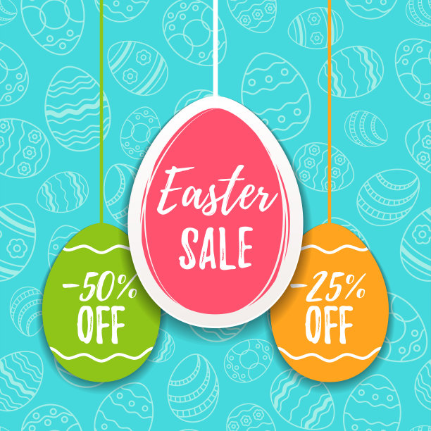 复活节特价，横幅模板。有颜色的鸡蛋与字母，孤立在蓝色无缝背景。复活节纸彩蛋出售标签。春铺市场海报设计。向量图片下载