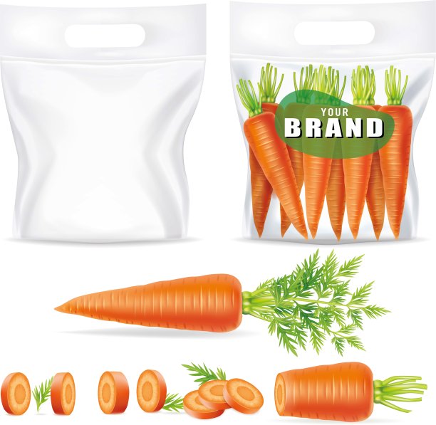 装新鲜胡萝卜的塑料袋。说明向量图片下载