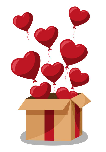 牛皮纸礼品盒心形气球。情人节装饰快乐。矢量平面设计插图。图片下载
