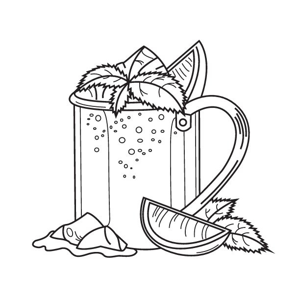 莫斯科骡子鸡尾酒与冰和酸橙在铜杯，黑白矢量插图在素描风格图片下载