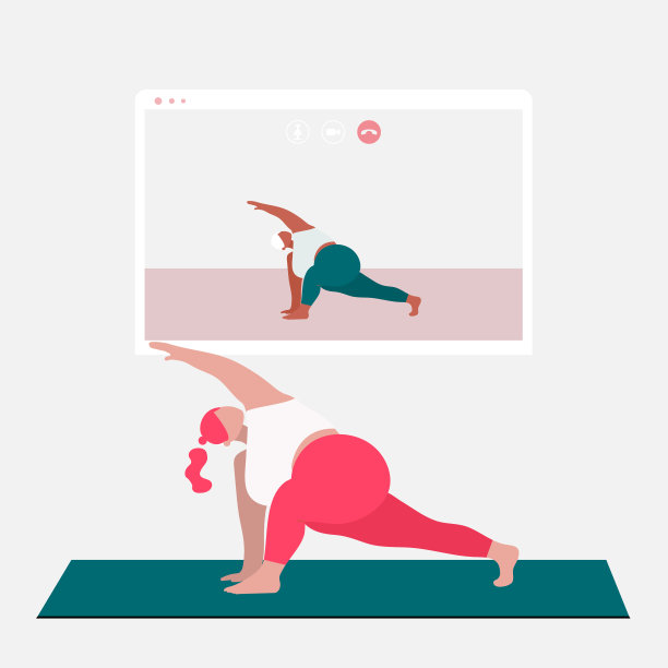 一个美丽的身体积极的加大小的女人站在三角形的姿势和观看在线瑜伽练习电视或投影仪。居家概念。隔离期间的家庭活动网络课程。图片下载