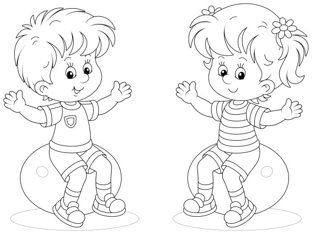 快乐的小孩子在健身球上训练图片下载