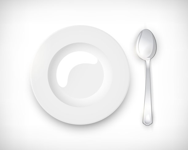 顶视图白色空圆汤盘与银匙。表设置隔离在小插图背景。网页设计的元素。矢量插图。图片下载