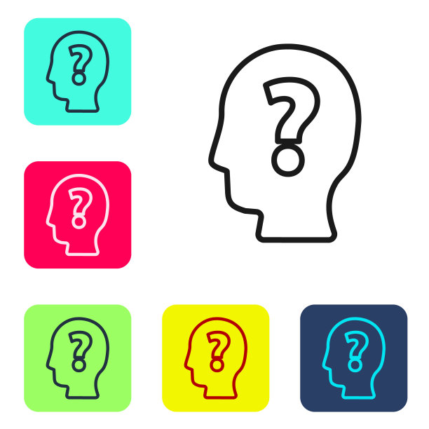 黑线带问号图标的人头孤立在白色背景上。设置图标的颜色方形按钮。向量图片下载