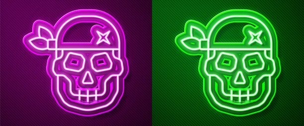 发光的霓虹线骷髅图标孤立在紫色和绿色的背景。快乐的万圣节派对。向量图片下载