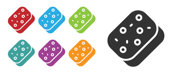 黑色海绵与气泡图标孤立在白色背景。一缕洗碗用的韧皮。清洁服务的标志。设置图标丰富多彩。向量图片下载