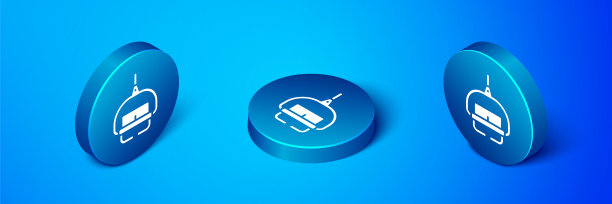 等距滑雪升降机图标孤立在蓝色背景。蓝色圆按钮。向量图片下载