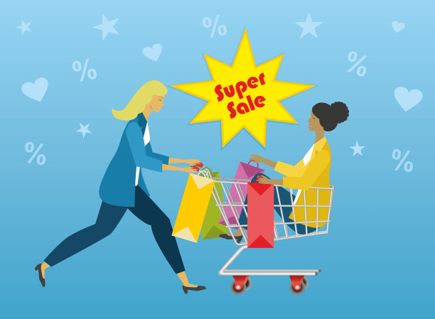 拿着购物车和购物袋的女人。矢量插图。图片下载