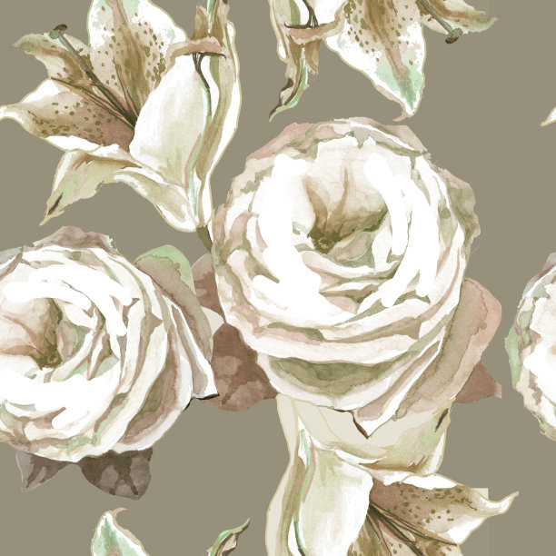 水彩白玫瑰和百合在灰色卡其背景无缝图案。图片下载