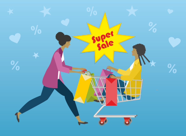 拿着购物车和礼品盒的女人。矢量插图。图片下载