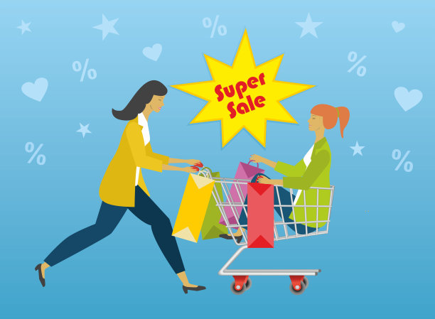 拿着购物车和购物袋的女人。矢量插图。图片下载