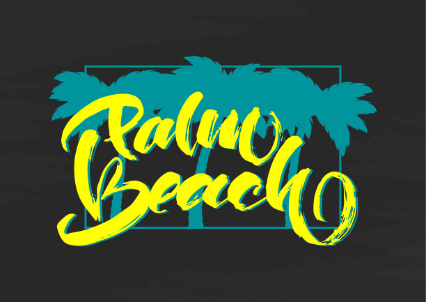 复古的黄色手印棕榈滩上的蓝色剪影棕榈树的背景。t恤的设计。图片下载