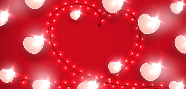 红色的背景装饰着心形的蜡烛，装饰灯闪烁着美丽的彩灯。前视图。情人节作文，横幅，海报，节日。矢量插图。图片下载