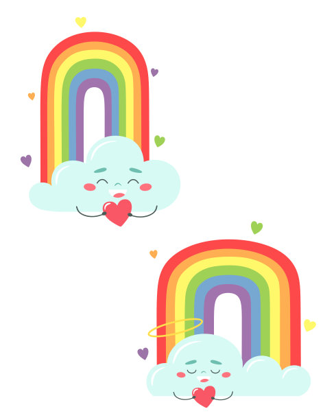 彩虹带着欢快的云彩。矢量插图在平面风格。图片下载
