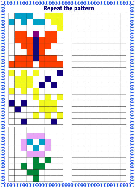 填写模板。复制图片。印刷板。像素图形。教育是学龄前儿童的逻辑游戏。矢量插图。图片下载