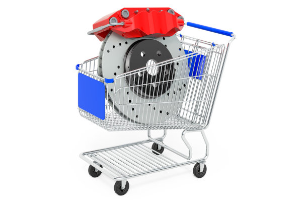 购物车与汽车盘式制动器与卡钳，3D渲染孤立的白色背景图片下载