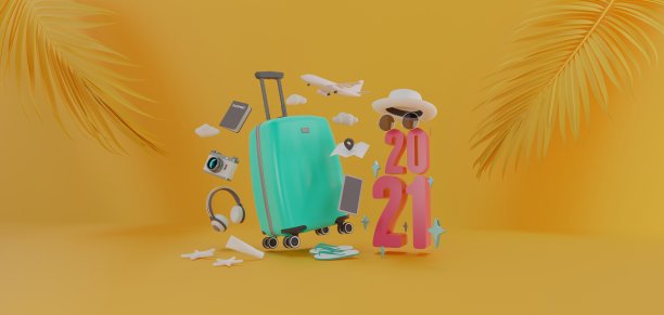 带旅行配件的飞机在2021年飞行。图片下载