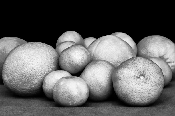 孤立的单色橙柑橘水果在黑色的背景。橘子，橘子和橘子在桌布上图片下载