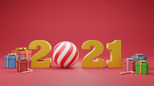 2021年新年快乐。金色数字，礼盒和球。3d插画信文本，海报，横幅，封面卡，小册子，工作室，模型图片下载