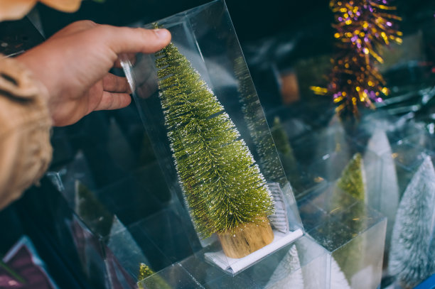 一个男人在超市里手里拿着一棵圣诞树。图片下载